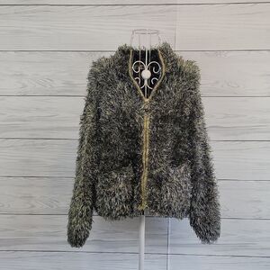 Jamie Sadock Eyelash Yarn Knit Zip Front Sweater Green & Blue Womens Size M